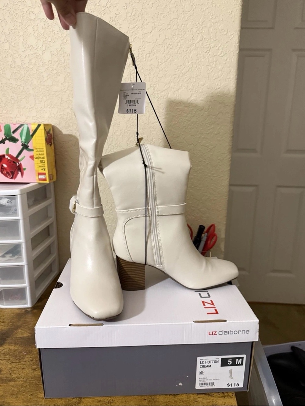 Liz Claiborne Cream Mid-Calf Block Heel Boots